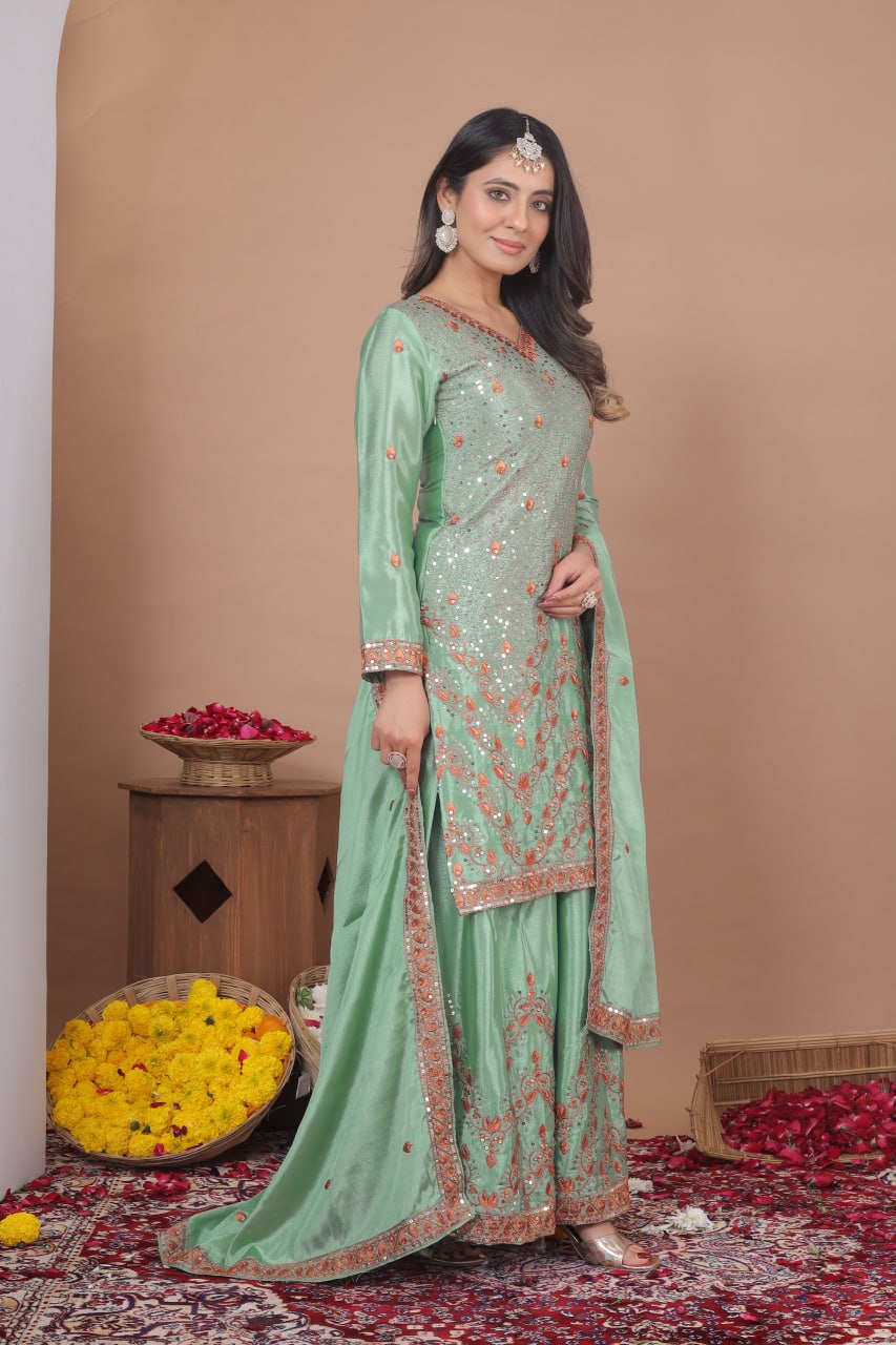 Aarohi Fendy Silk Sequins Embroidered Sharara Suit with Dupatta