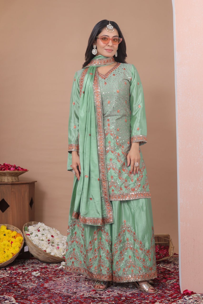 Aarohi Fendy Silk Sequins Embroidered Sharara Suit with Dupatta