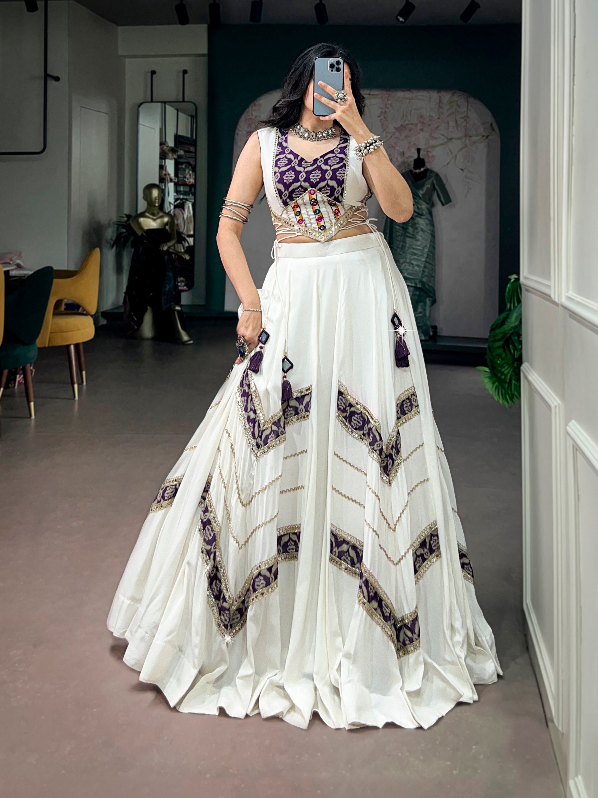 Vaishnavi White Rayon Traditional Mirror Lace Navratri Lehenga Choli