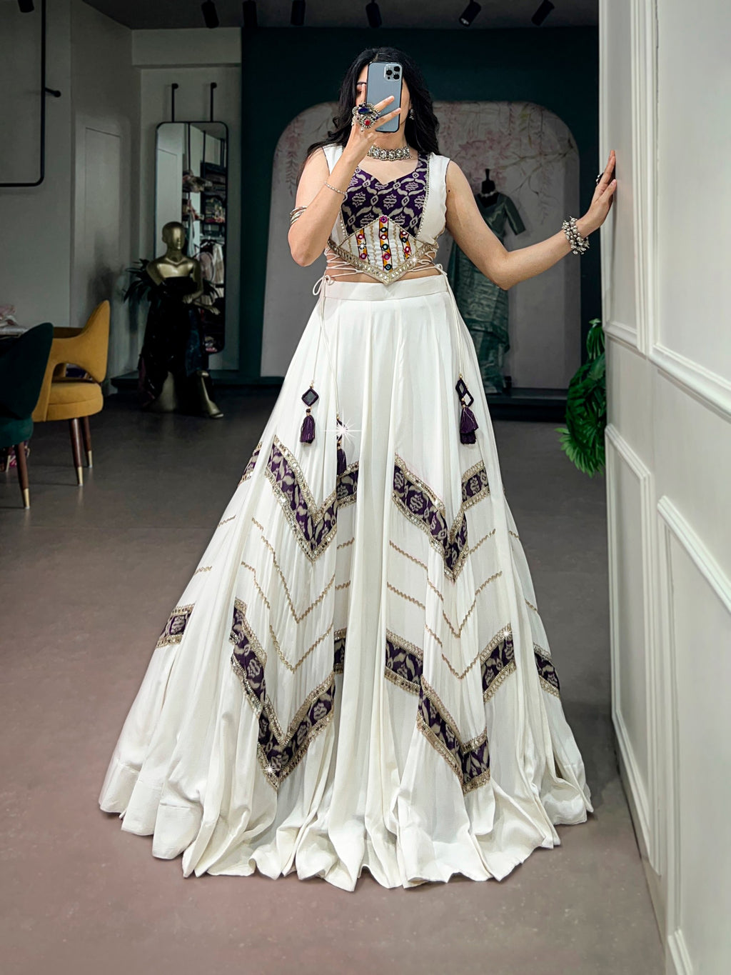 Vaishnavi White Rayon Traditional Mirror Lace Navratri Lehenga Choli