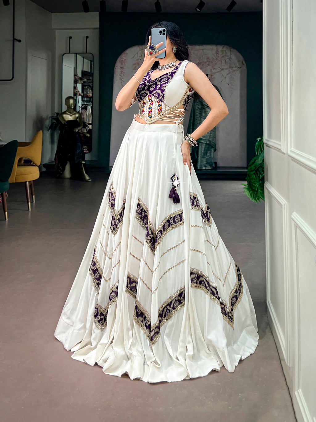 Vaishnavi White Rayon Traditional Mirror Lace Navratri Lehenga Choli
