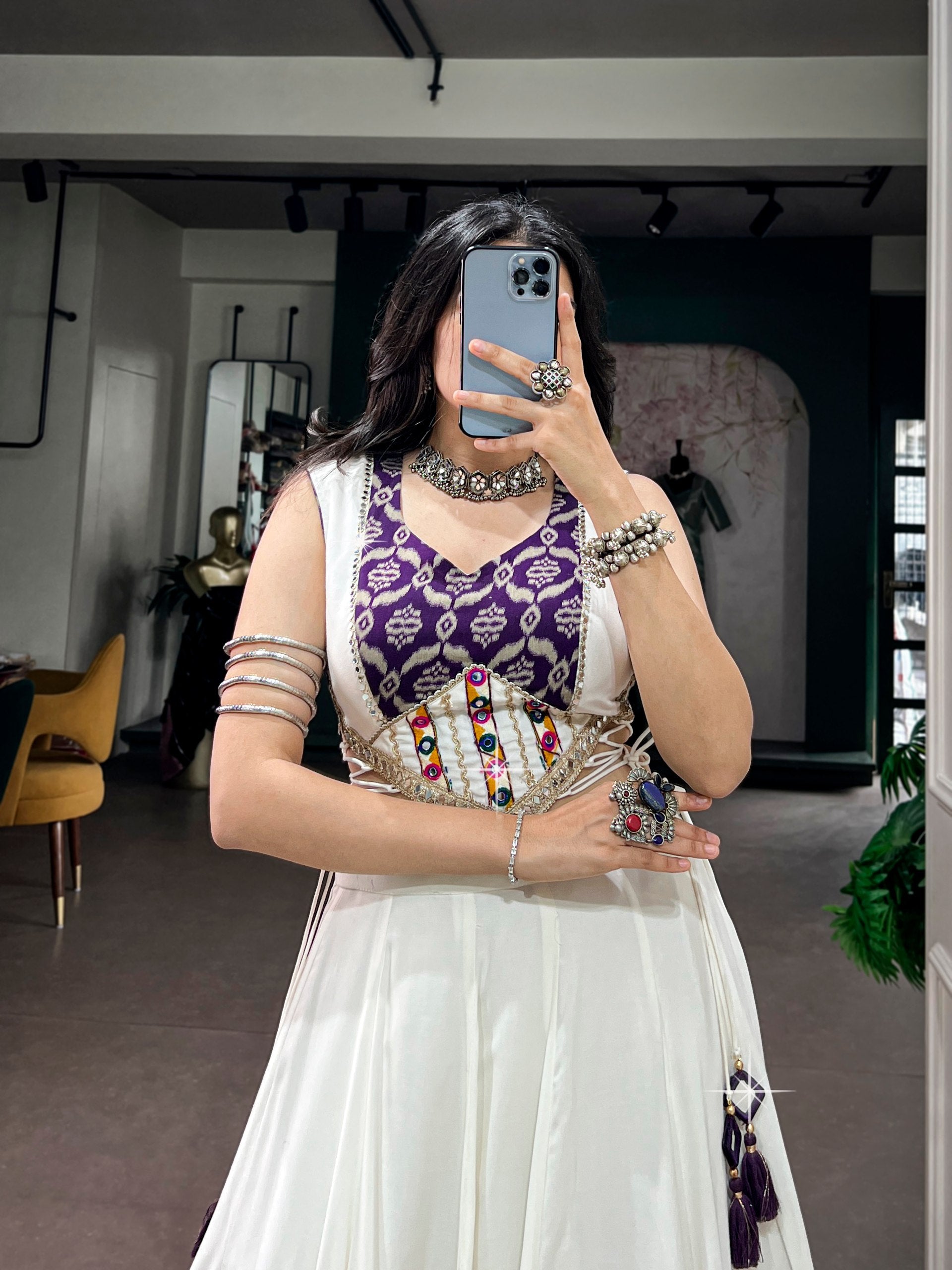 Vaishnavi White Rayon Traditional Mirror Lace Navratri Lehenga Choli