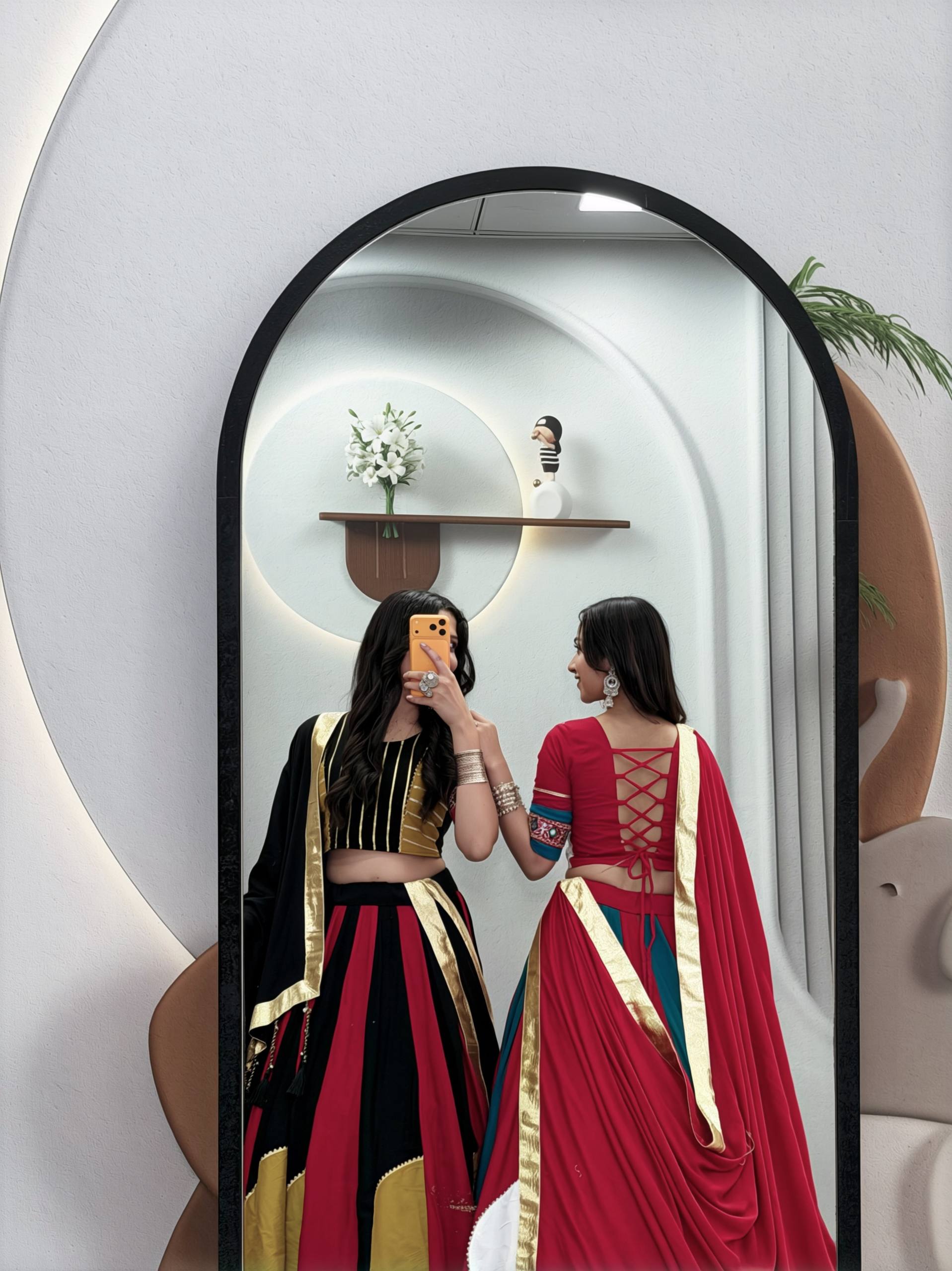 Ramdhara Designer Pure Cotton Gamthi Work Navratri Lehenga Choli with 6 Metre Multi-Colour Kali Flair and Hand Latkan Gota Patti Dupatta 3-Piece Ethnic Wear Set