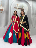 Ramdhara Designer Pure Cotton Gamthi Work Navratri Lehenga Choli with 6 Metre Multi-Colour Kali Flair and Hand Latkan Gota Patti Dupatta 3-Piece Ethnic Wear Set