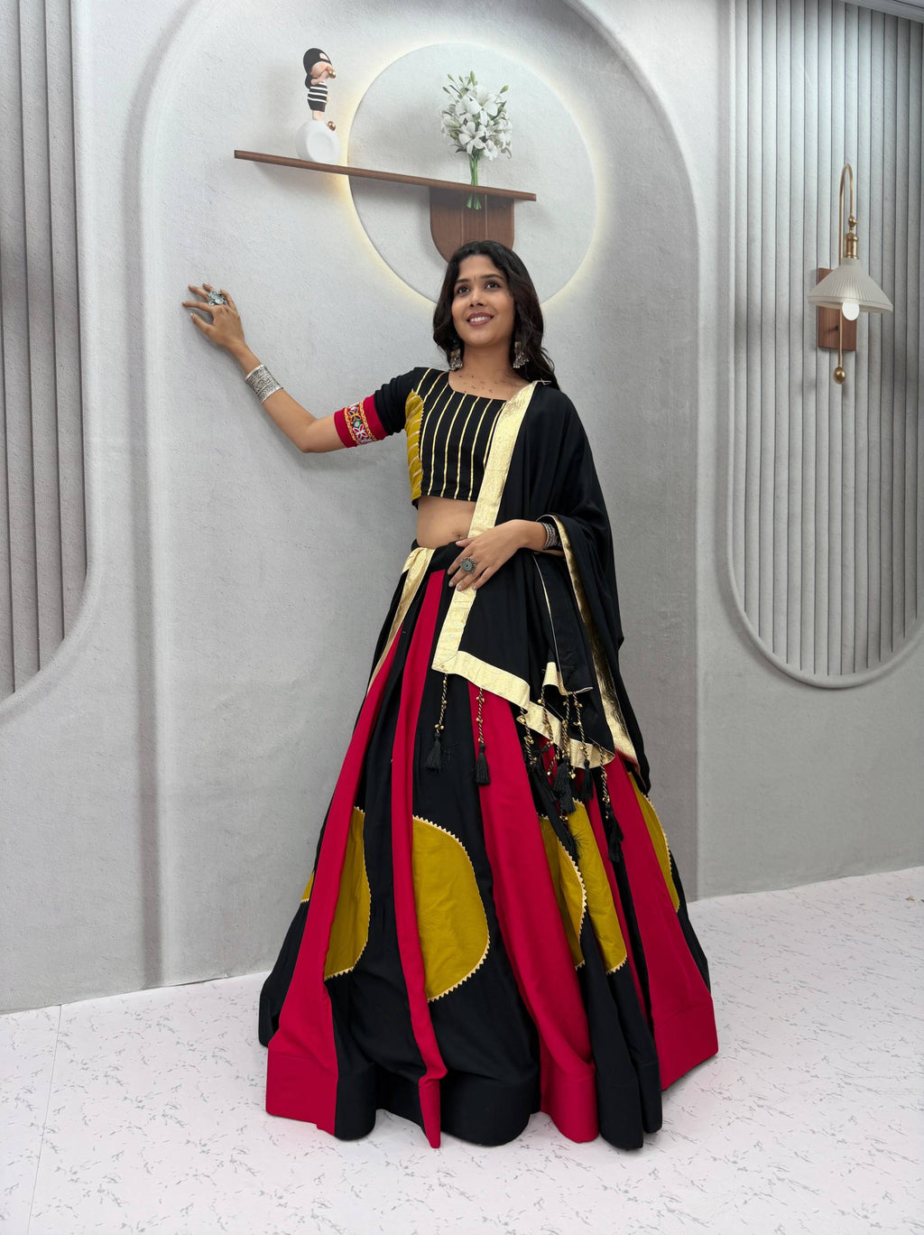 Ramdhara Designer Pure Cotton Gamthi Work Navratri Lehenga Choli with 6 Metre Multi-Colour Kali Flair and Hand Latkan Gota Patti Dupatta 3-Piece Ethnic Wear Set