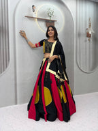 Ramdhara Designer Pure Cotton Gamthi Work Navratri Lehenga Choli with 6 Metre Multi-Colour Kali Flair and Hand Latkan Gota Patti Dupatta 3-Piece Ethnic Wear Set