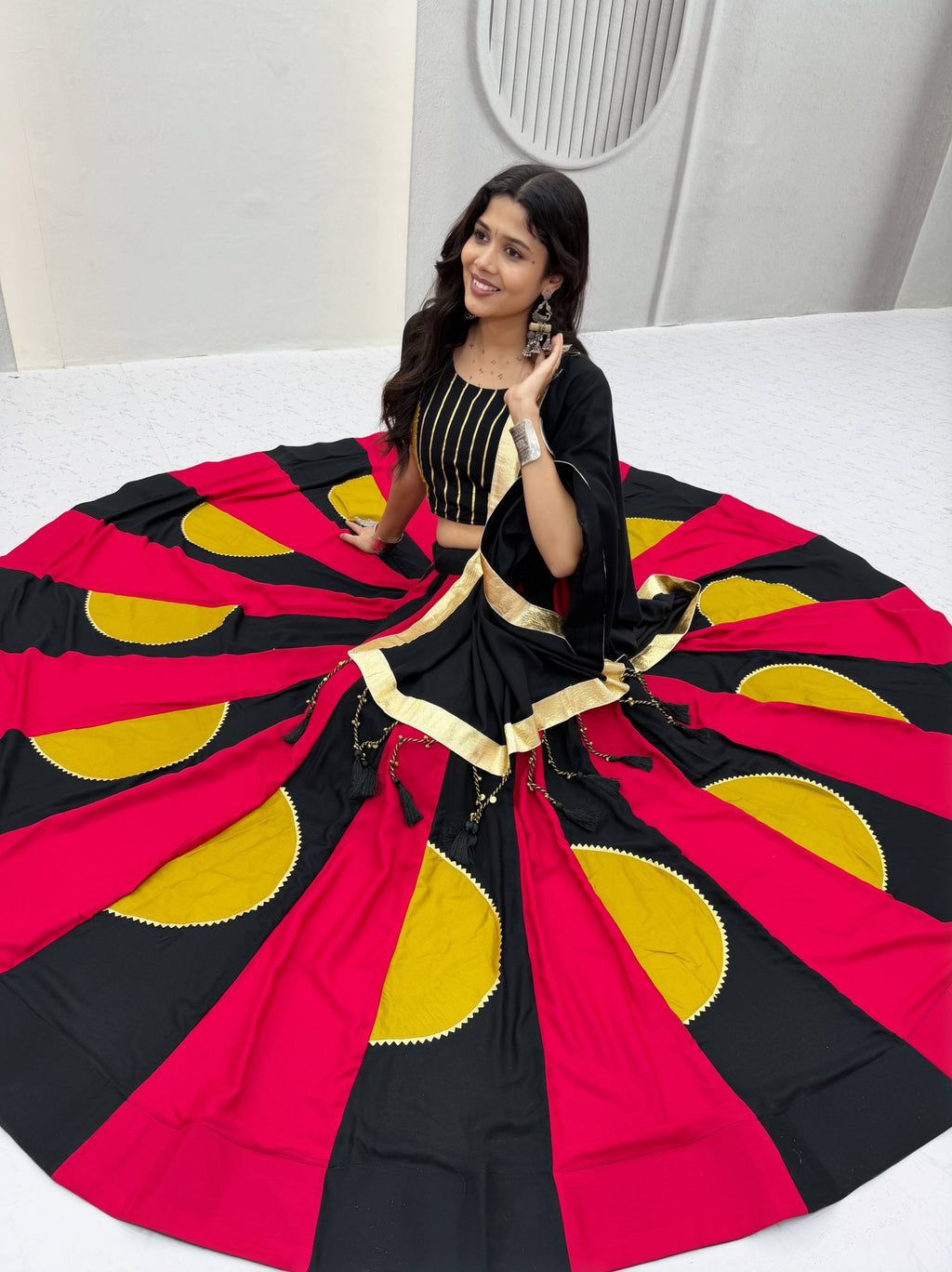Ramdhara Designer Pure Cotton Gamthi Work Navratri Lehenga Choli with 6 Metre Multi-Colour Kali Flair and Hand Latkan Gota Patti Dupatta 3-Piece Ethnic Wear Set
