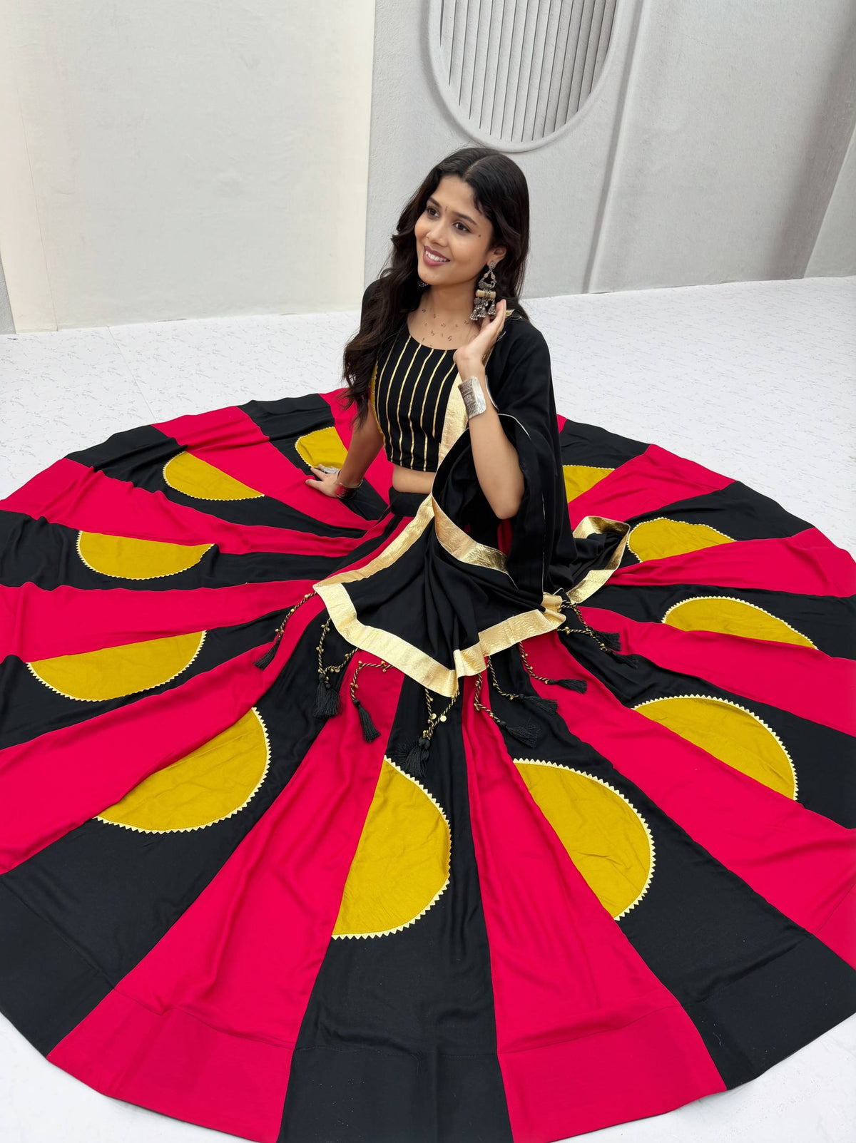 Ramdhara Designer Pure Cotton Gamthi Work Navratri Lehenga Choli with 6 Metre Multi-Colour Kali Flair and Hand Latkan Gota Patti Dupatta 3-Piece Ethnic Wear Set