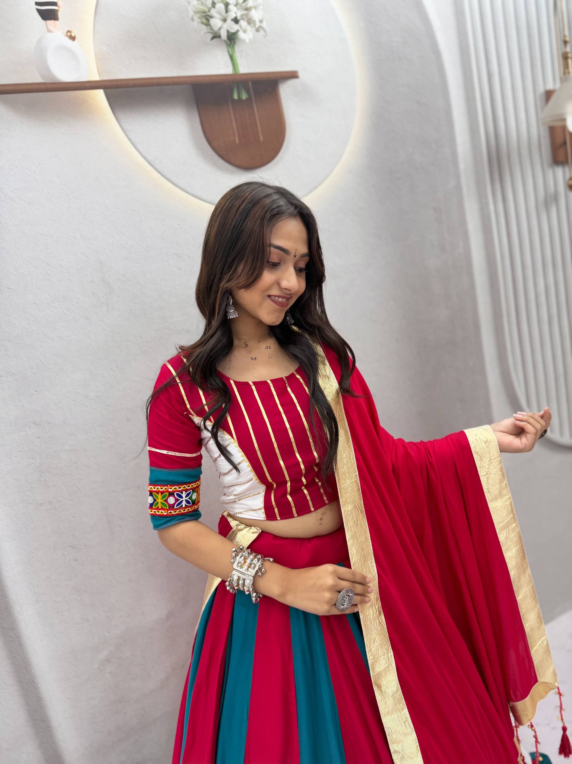 Ramdhara Designer Pure Cotton Gamthi Work Navratri Lehenga Choli with 6 Metre Multi-Colour Kali Flair and Hand Latkan Gota Patti Dupatta 3-Piece Ethnic Wear Set