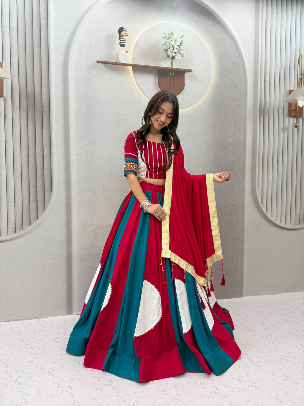 Ramdhara Designer Pure Cotton Gamthi Work Navratri Lehenga Choli with 6 Metre Multi-Colour Kali Flair and Hand Latkan Gota Patti Dupatta 3-Piece Ethnic Wear Set