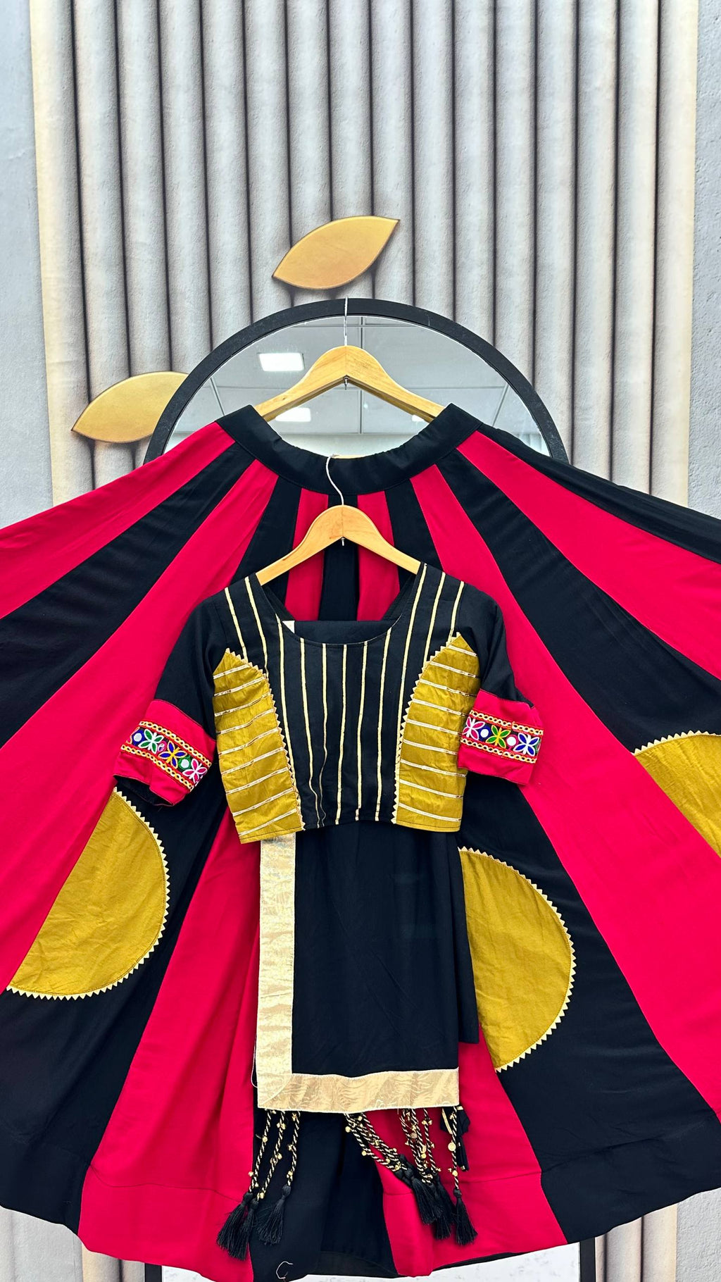 Ramdhara Designer Pure Cotton Gamthi Work Navratri Lehenga Choli with 6 Metre Multi-Colour Kali Flair and Hand Latkan Gota Patti Dupatta 3-Piece Ethnic Wear Set