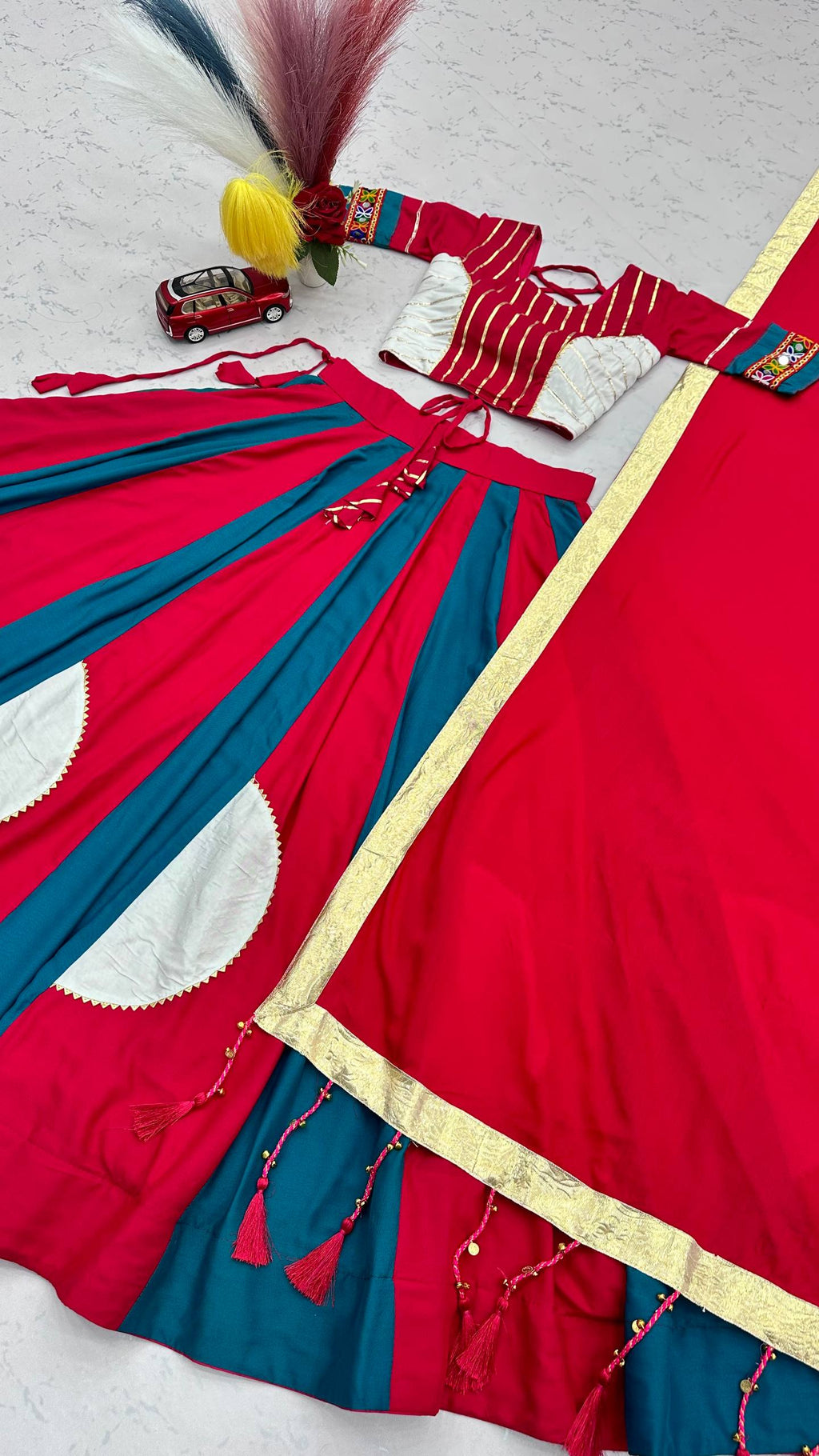 Ramdhara Designer Pure Cotton Gamthi Work Navratri Lehenga Choli with 6 Metre Multi-Colour Kali Flair and Hand Latkan Gota Patti Dupatta 3-Piece Ethnic Wear Set