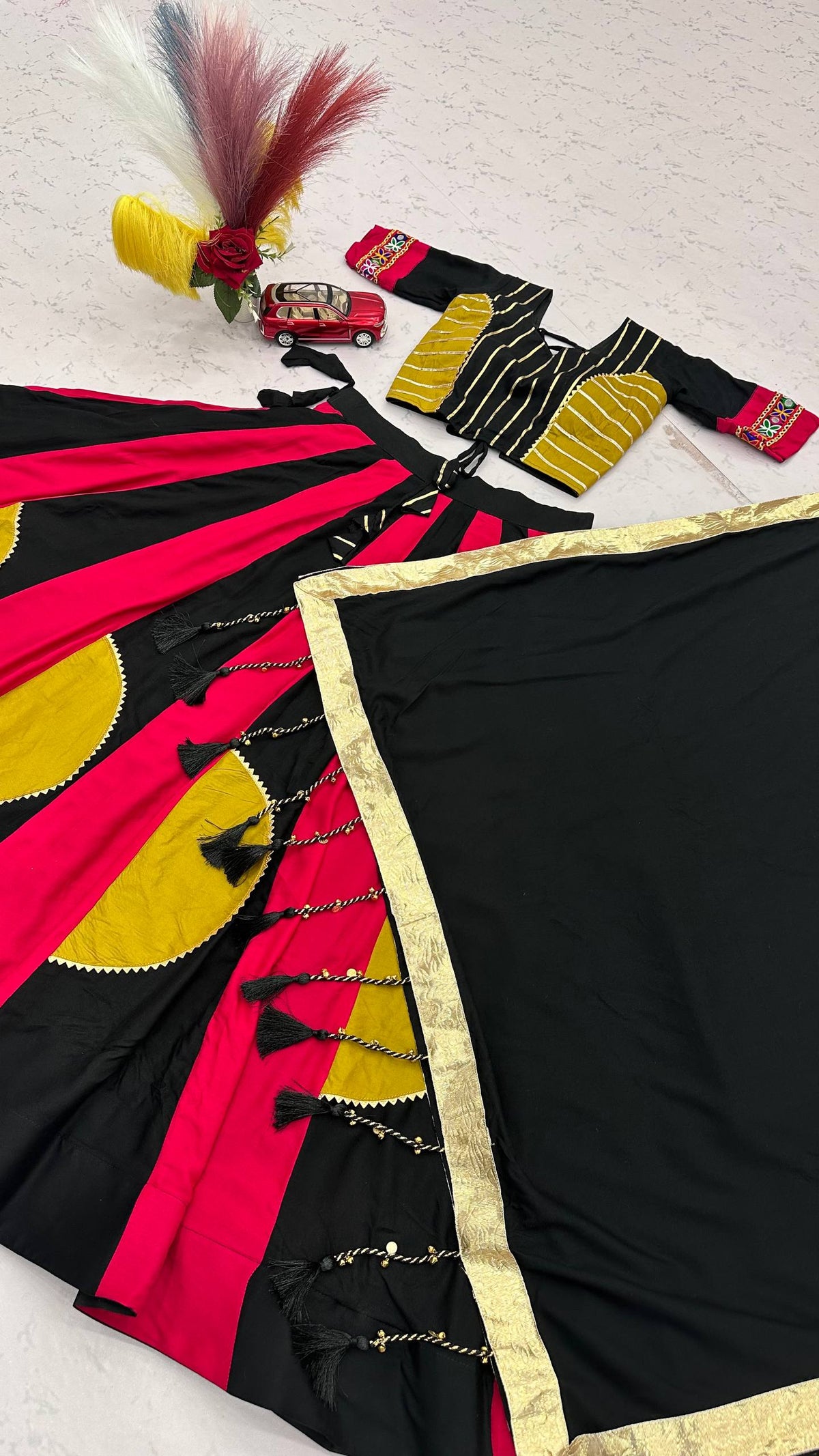 Ramdhara Designer Pure Cotton Gamthi Work Navratri Lehenga Choli with 6 Metre Multi-Colour Kali Flair and Hand Latkan Gota Patti Dupatta 3-Piece Ethnic Wear Set