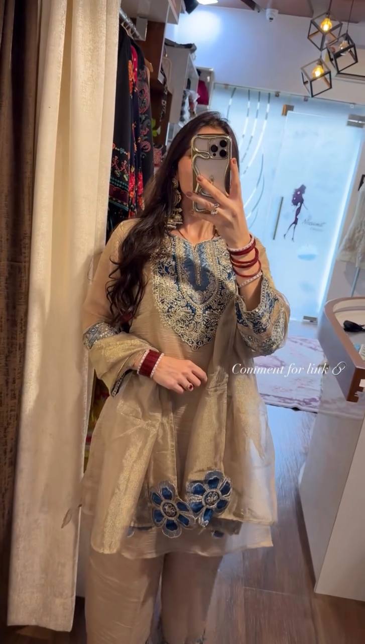 Zarisha Noor Designer Salsa Silk Heavy Embroidered Palazzo Suit with Sequins Work & Matching Dupatta