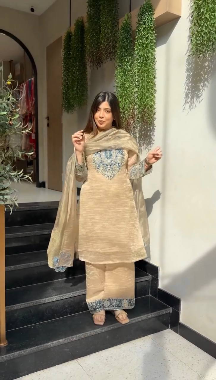 Zarisha Noor Designer Salsa Silk Heavy Embroidered Palazzo Suit with Sequins Work & Matching Dupatta