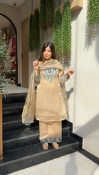 Zarisha Noor Designer Salsa Silk Heavy Embroidered Palazzo Suit with Sequins Work & Matching Dupatta