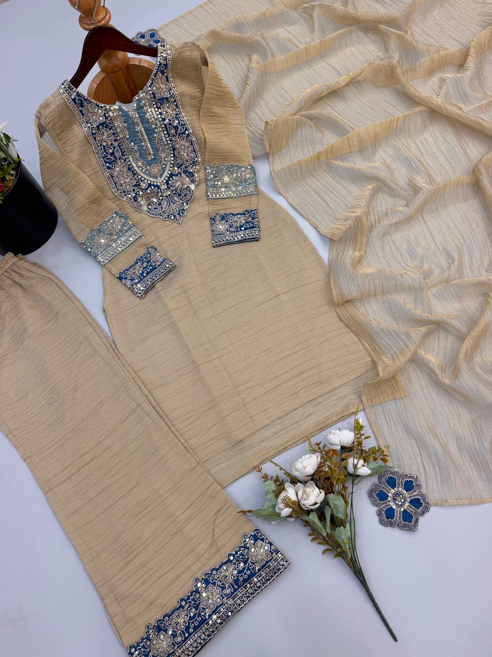 Zarisha Noor Designer Salsa Silk Heavy Embroidered Palazzo Suit with Sequins Work & Matching Dupatta