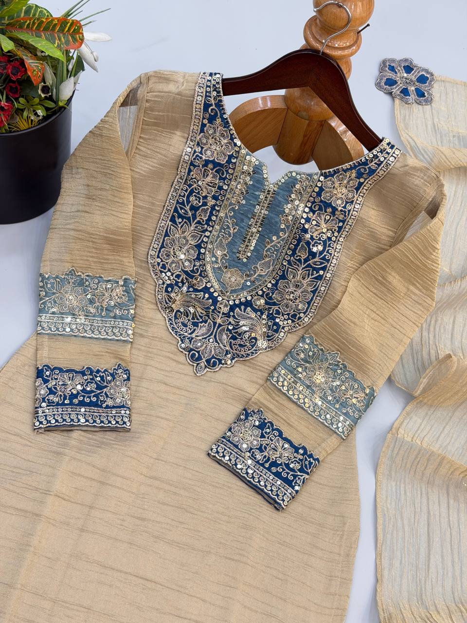 Zarisha Noor Designer Salsa Silk Heavy Embroidered Palazzo Suit with Sequins Work & Matching Dupatta