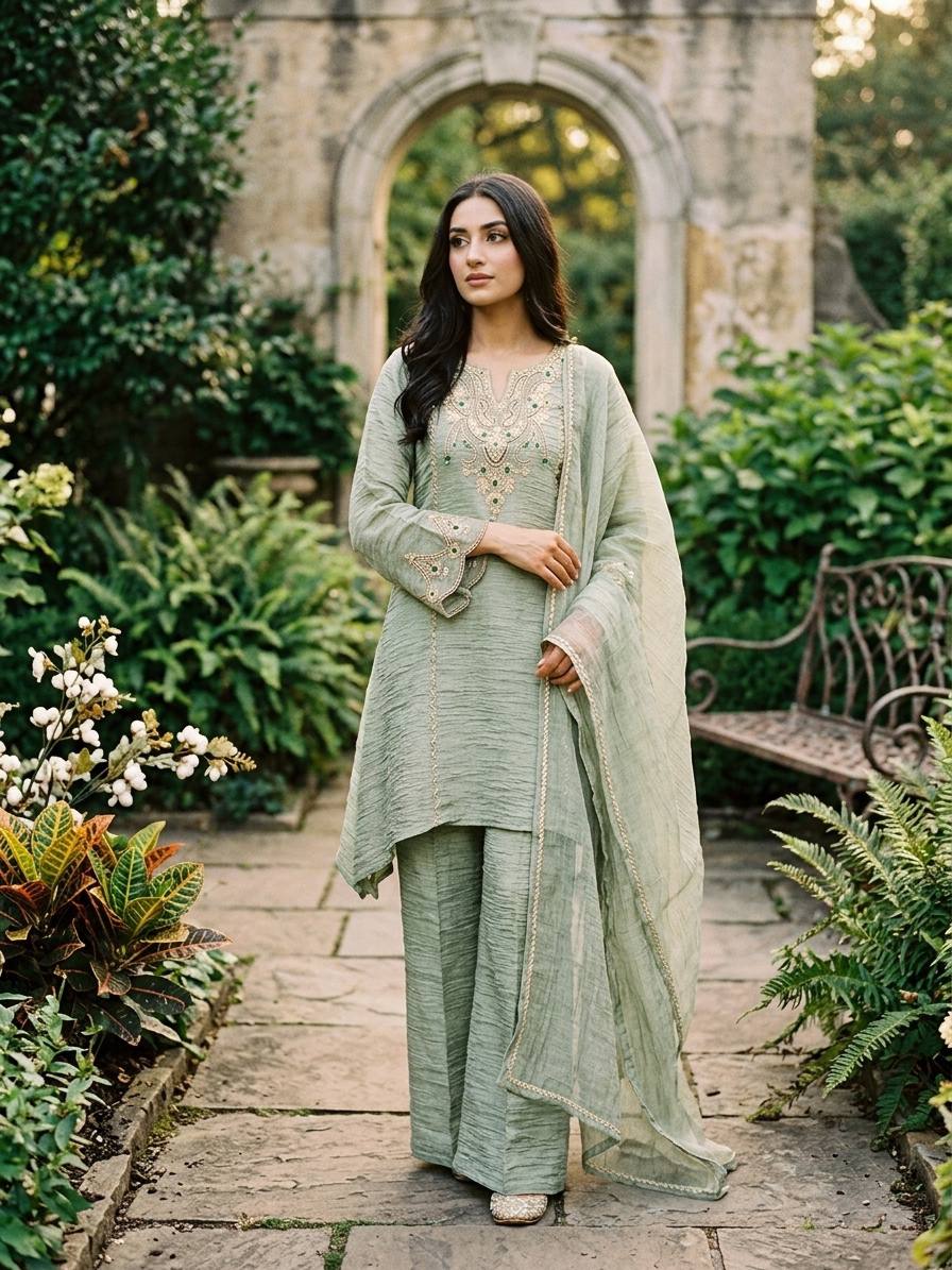 Premium Salsa Silk Embroidered Palazzo Set with Stone Work & Lace Border Dupatta, Fully Stitched Festive Ethnic Wear for Women
