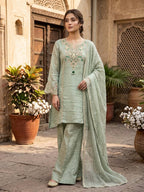 Premium Salsa Silk Embroidered Palazzo Set with Stone Work & Lace Border Dupatta, Fully Stitched Festive Ethnic Wear for Women