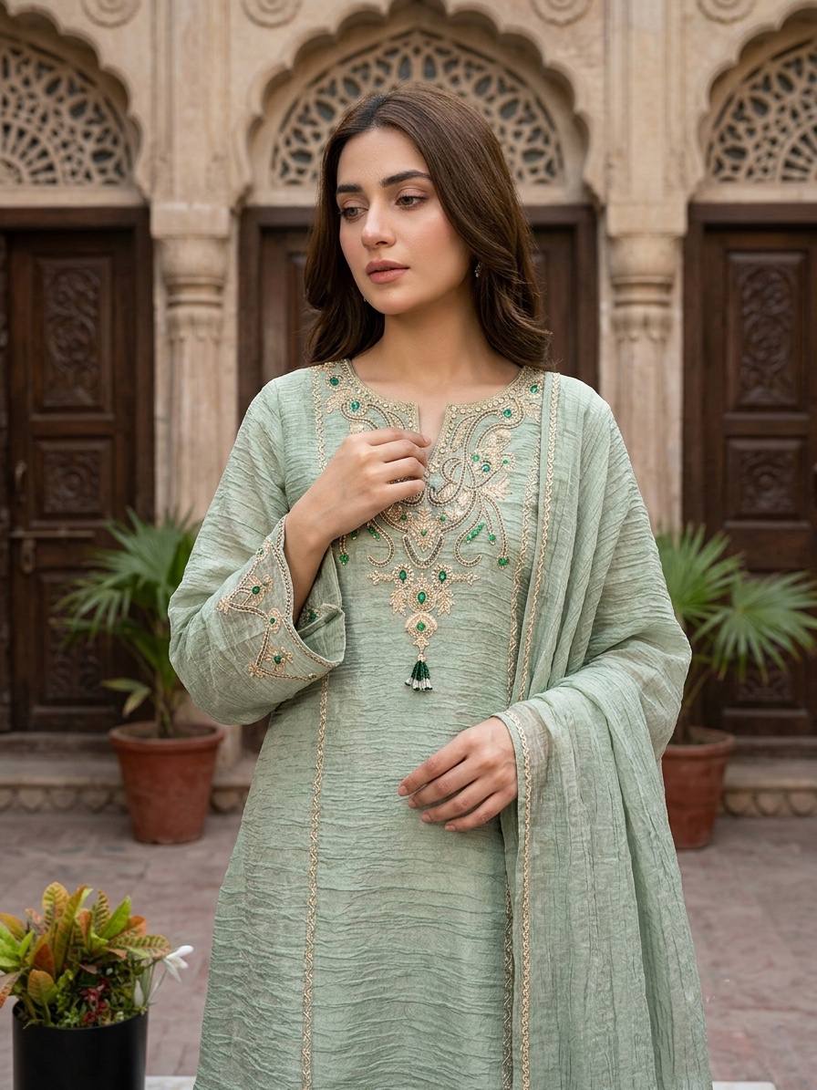 Premium Salsa Silk Embroidered Palazzo Set with Stone Work & Lace Border Dupatta, Fully Stitched Festive Ethnic Wear for Women