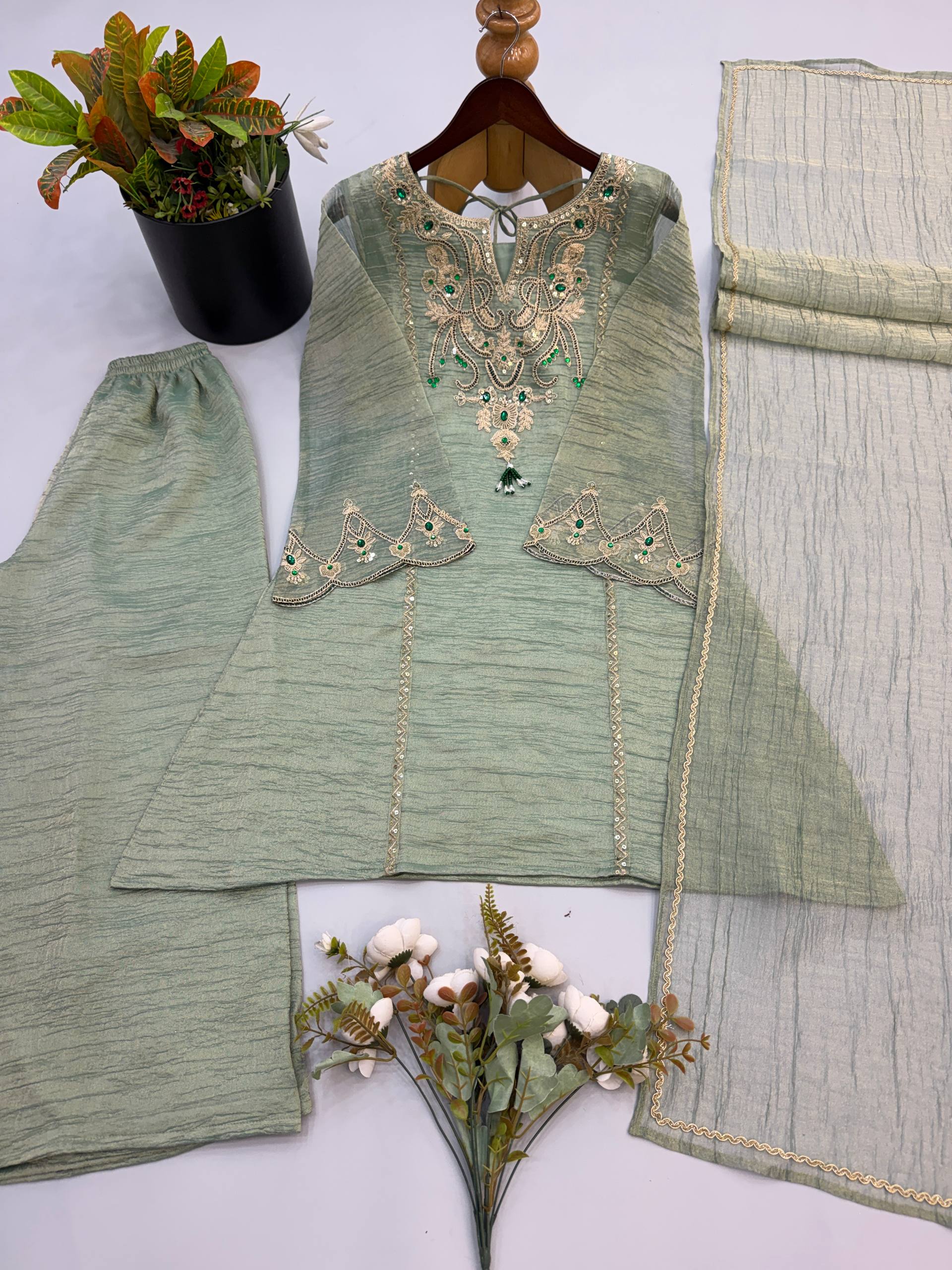 Premium Salsa Silk Embroidered Palazzo Set with Stone Work & Lace Border Dupatta, Fully Stitched Festive Ethnic Wear for Women