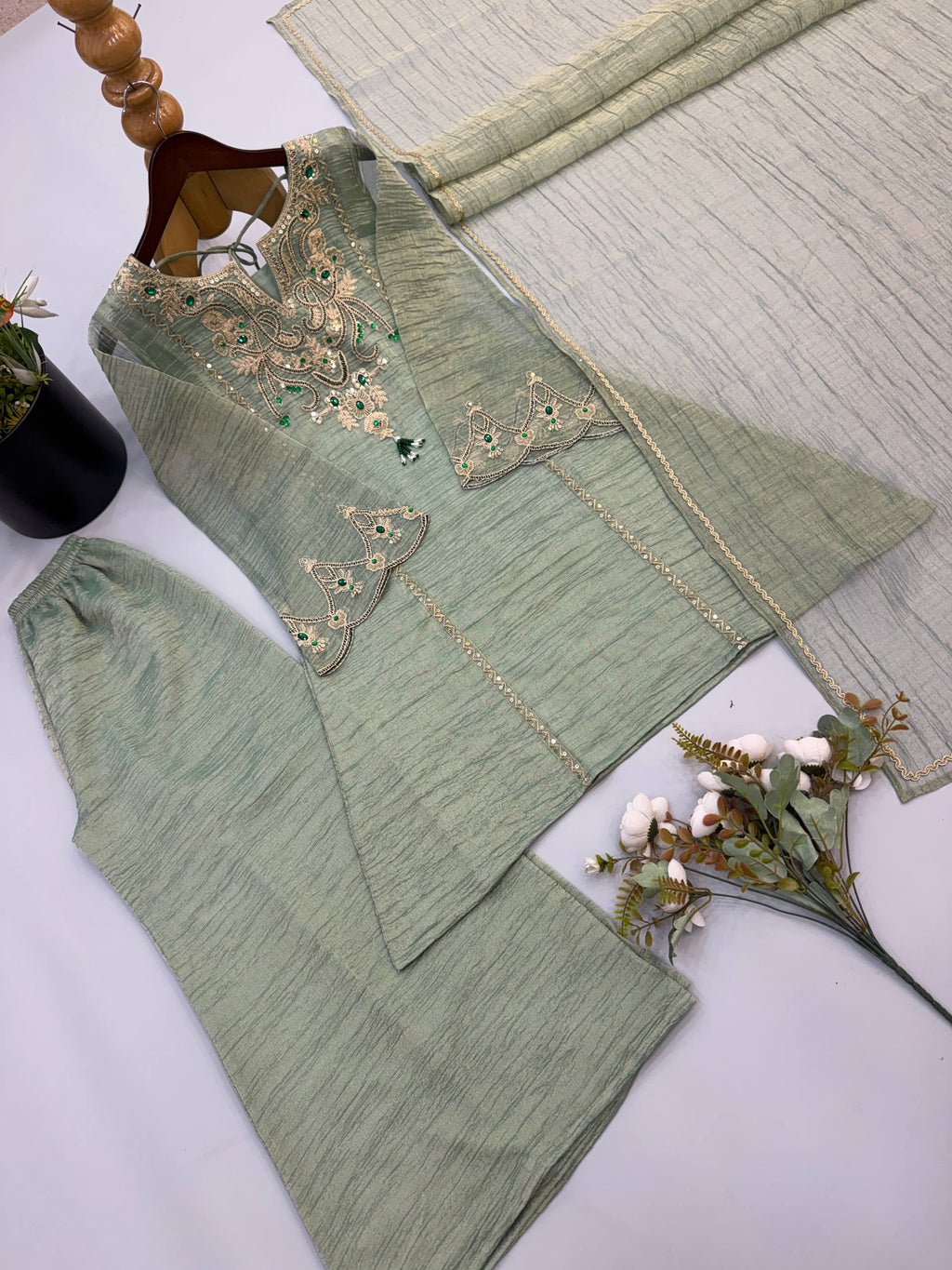 Premium Salsa Silk Embroidered Palazzo Set with Stone Work & Lace Border Dupatta, Fully Stitched Festive Ethnic Wear for Women