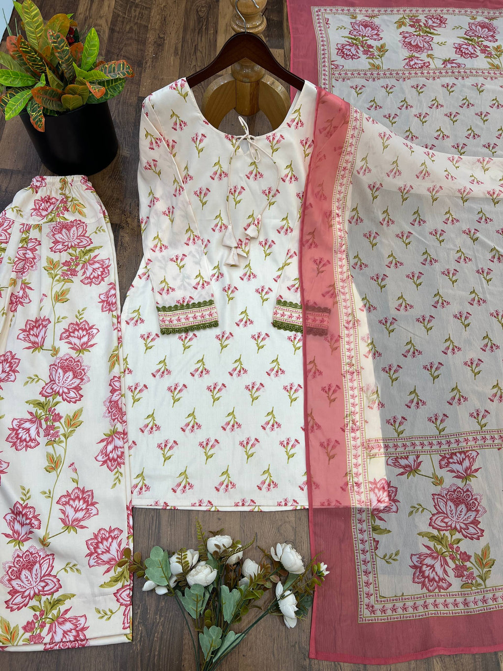 Designer Maslin Digital Print Suit Set for Women with Farshi Pant & Fox Georgette Dupatta, Fully Stitched Traditional Ethnic Wear
