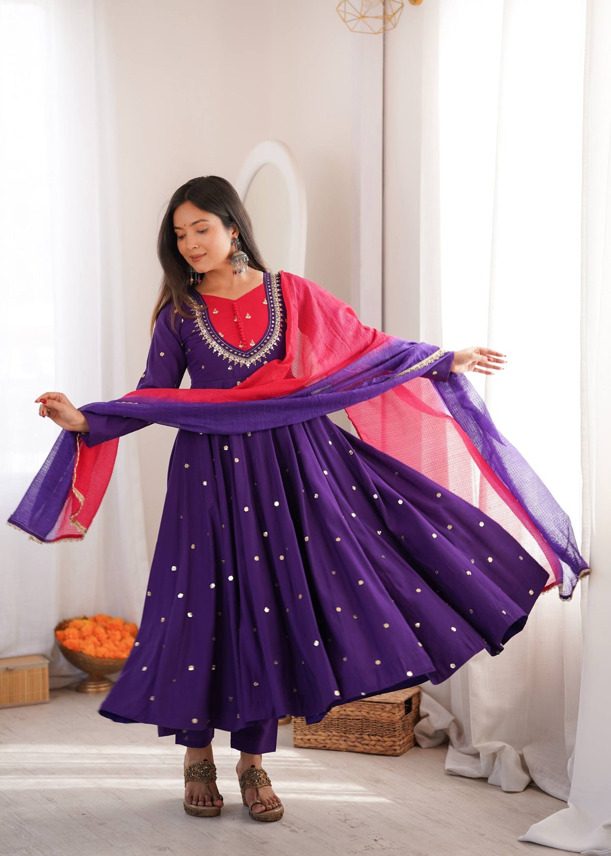 Designer Roman Silk Gown with Real Mirror Embroidery and Dupatta