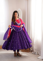 Designer Roman Silk Gown with Real Mirror Embroidery and Dupatta