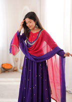 Designer Roman Silk Gown with Real Mirror Embroidery and Dupatta