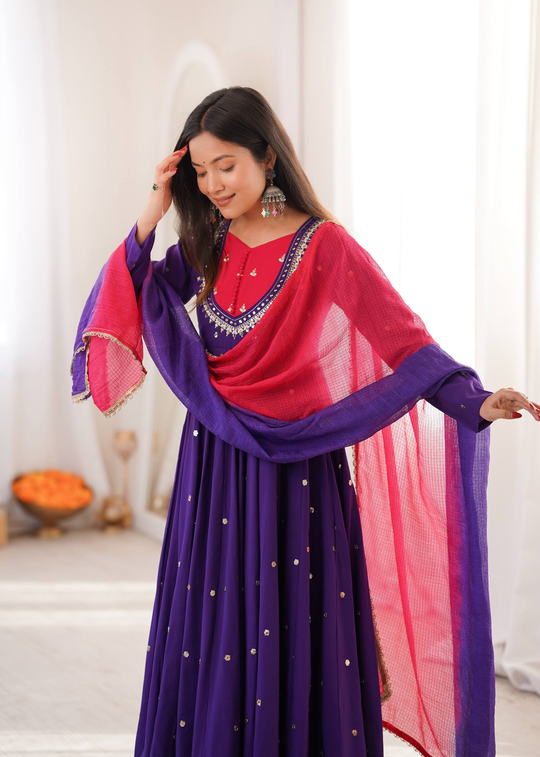 Designer Roman Silk Gown with Real Mirror Embroidery and Dupatta