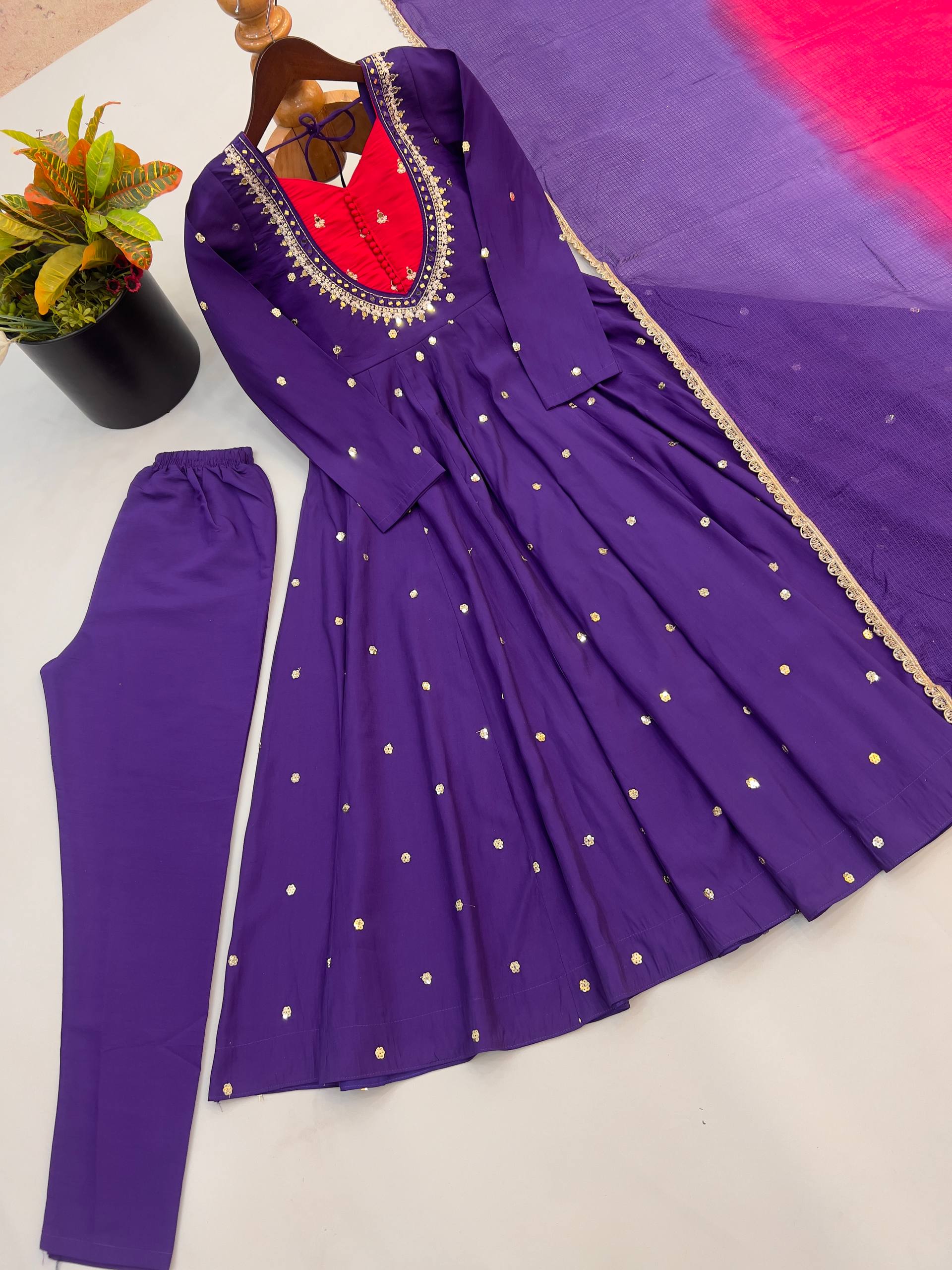 Designer Roman Silk Gown with Real Mirror Embroidery and Dupatta