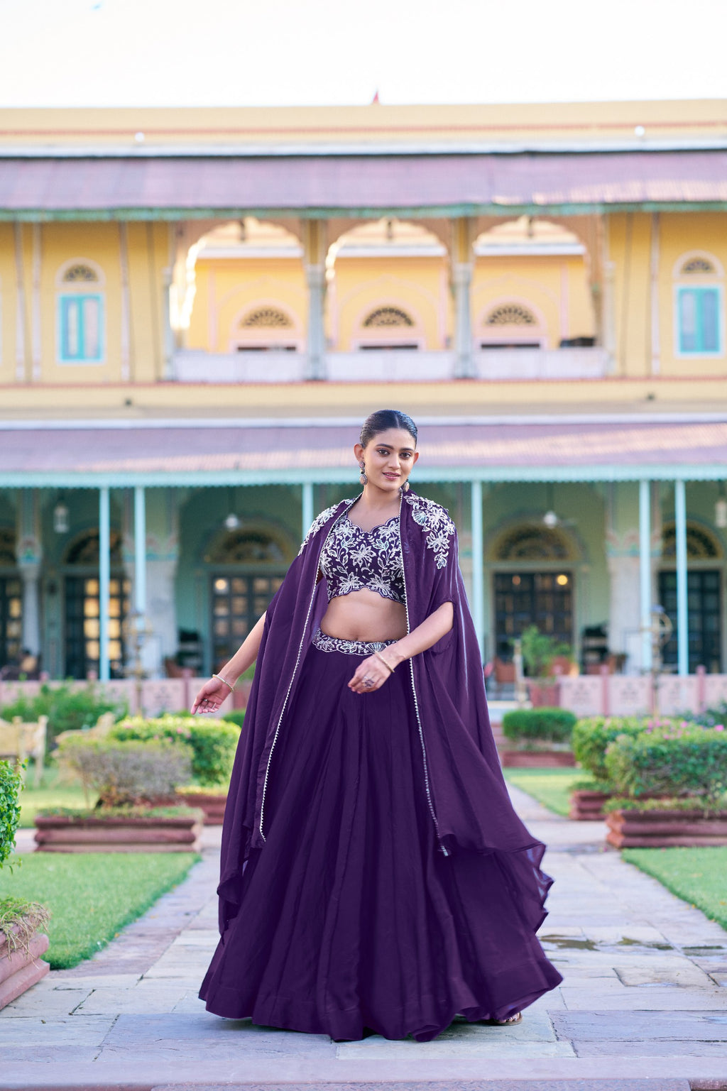 Yashika Fendi Silk Embroidered Lehenga with Shrug & stitched Blouse Set