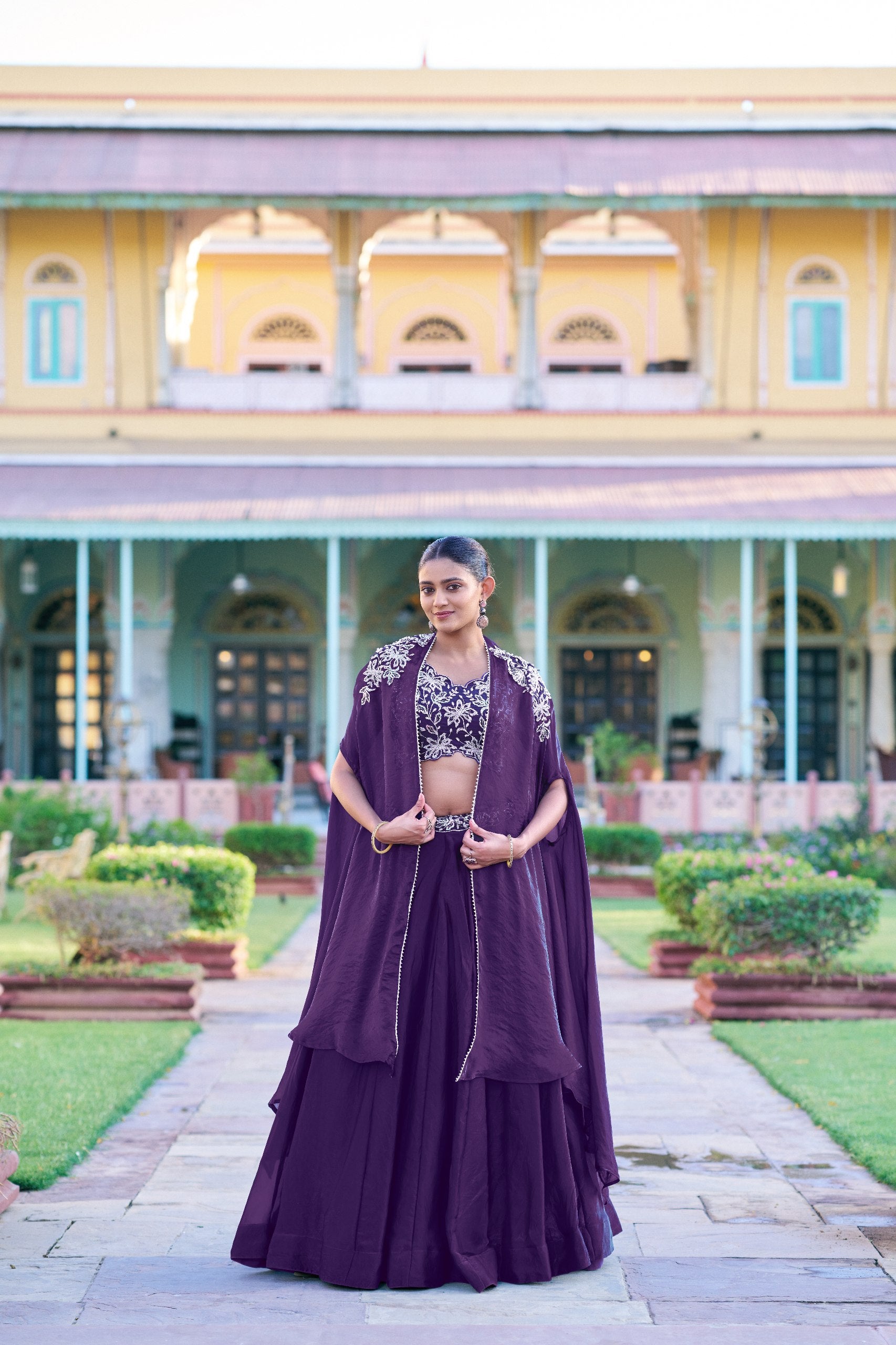 Yashika Fendi Silk Embroidered Lehenga with Shrug & stitched Blouse Set