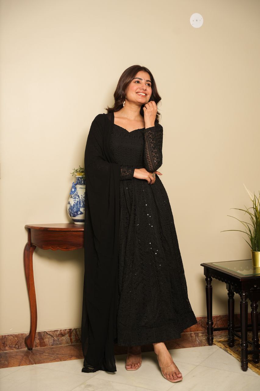Aarvika Georgette Lucknowi Anarkali Suit Set with Bottom & Tassel Dupatta