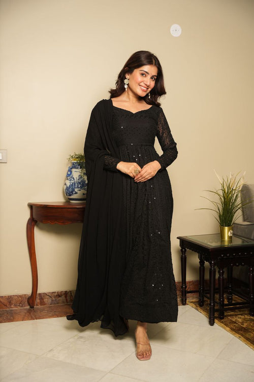 Aarvika Georgette Lucknowi Anarkali Suit Set with Bottom & Tassel Dupatta