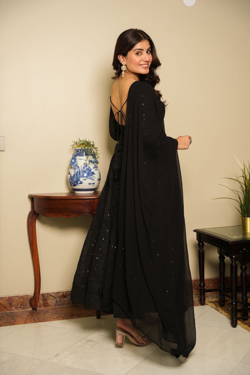 Aarvika Georgette Lucknowi Anarkali Suit Set with Bottom & Tassel Dupatta
