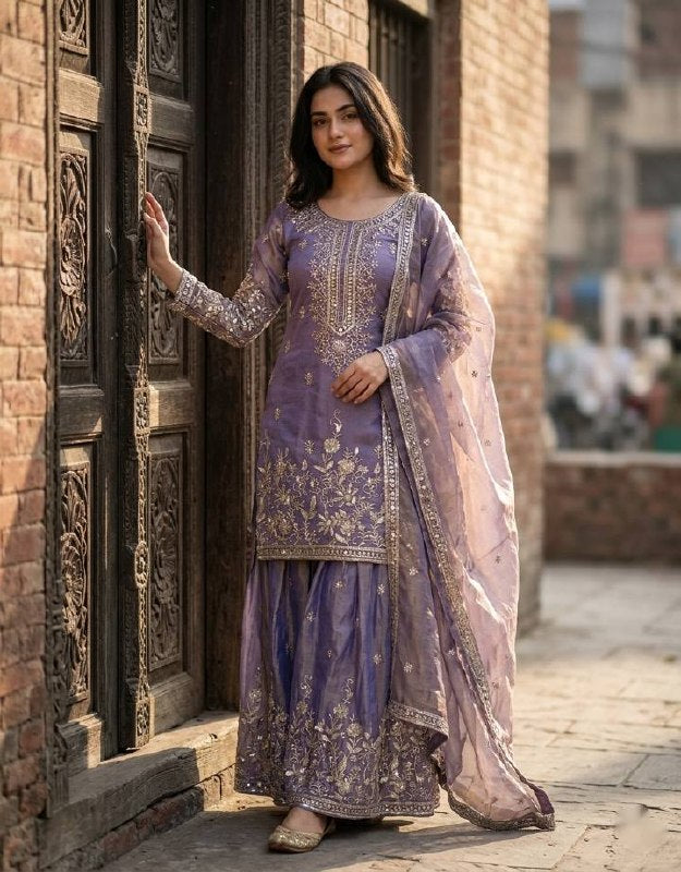 Yashvika ZMY Chu Silk Sequins Embroidered Sharara Suit with Dupatta