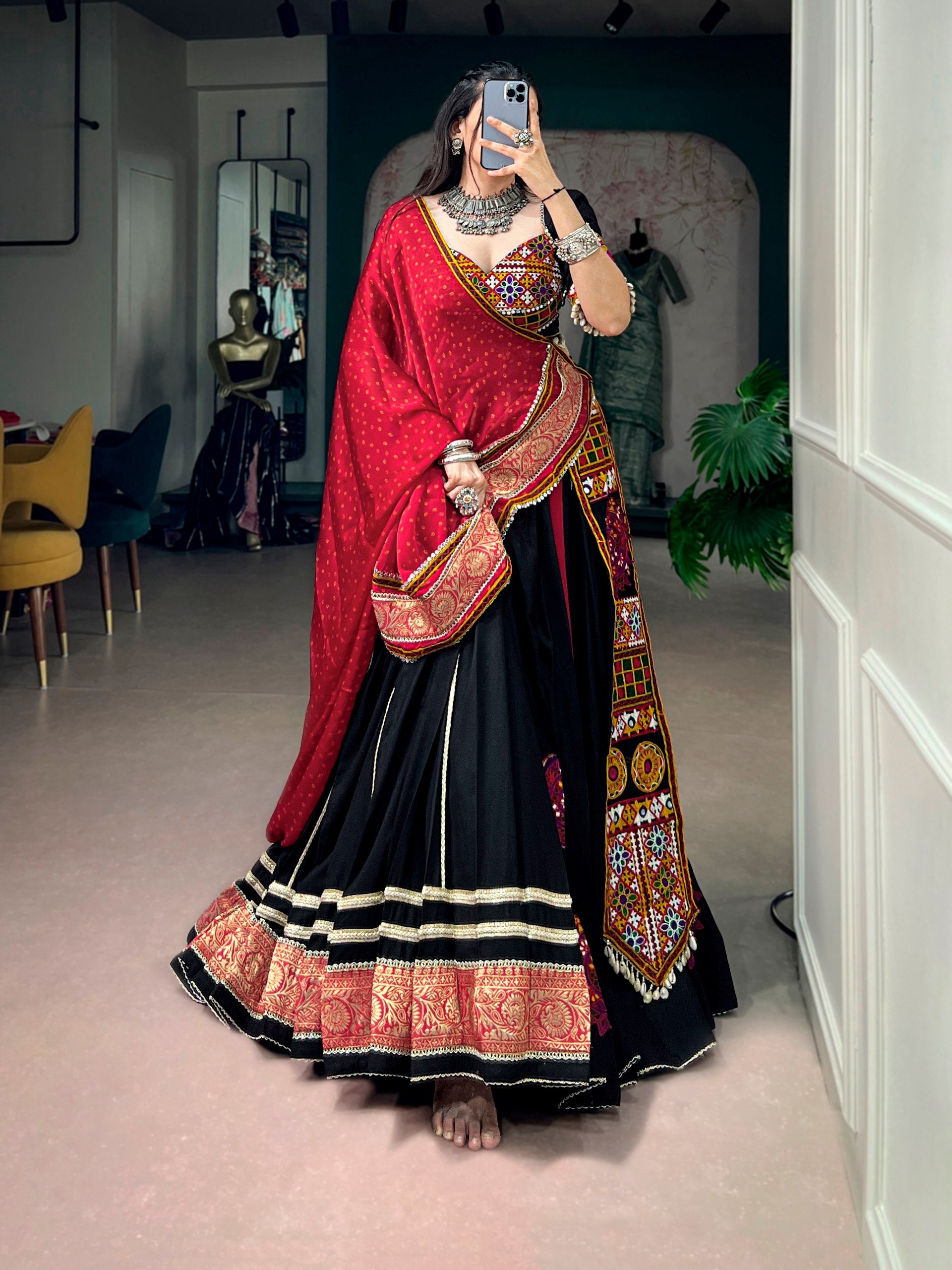 Premium Rayon Kutchi Gamthi Embroidered Lehenga Choli Set