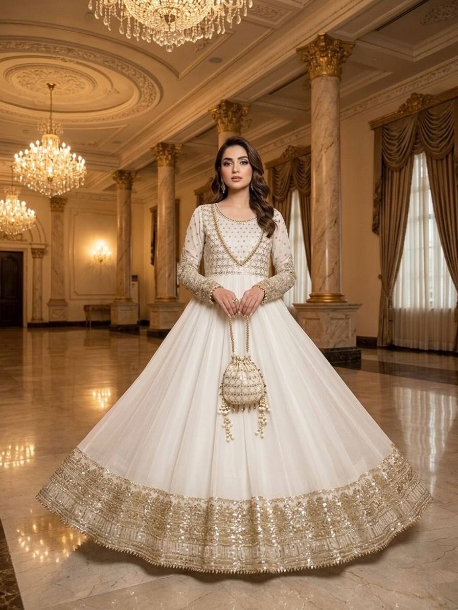 Afsana Étoile Designer Heavy Georgette Sequins Embroidered Anarkali Gown Set with 4 Meter Flair and Embroidered Dupatta