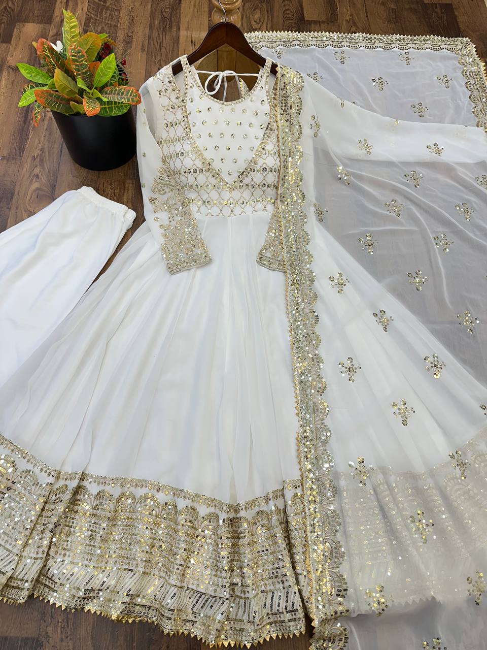 Afsana Étoile Designer Heavy Georgette Sequins Embroidered Anarkali Gown Set with 4 Meter Flair and Embroidered Dupatta