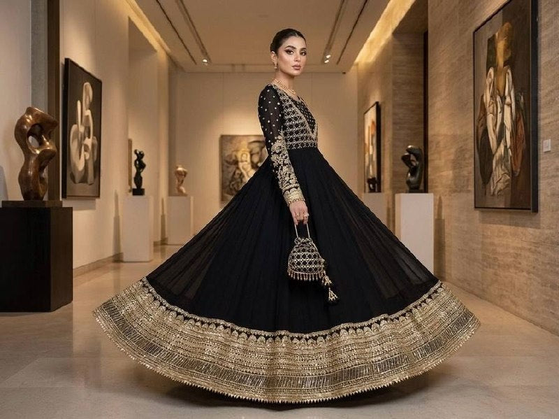 Afsana Étoile Designer Heavy Georgette Sequins Embroidered Anarkali Gown Set with 4 Meter Flair and Embroidered Dupatta