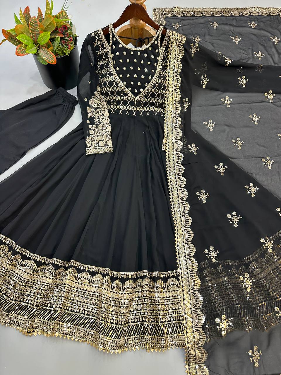 Afsana Étoile Designer Heavy Georgette Sequins Embroidered Anarkali Gown Set with 4 Meter Flair and Embroidered Dupatta
