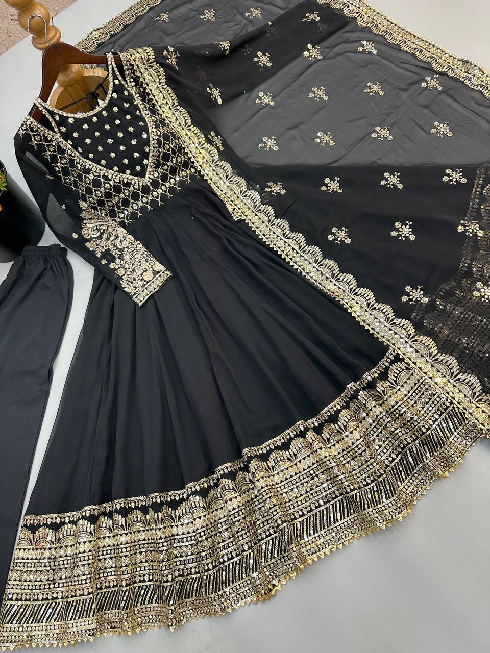 Afsana Étoile Designer Heavy Georgette Sequins Embroidered Anarkali Gown Set with 4 Meter Flair and Embroidered Dupatta