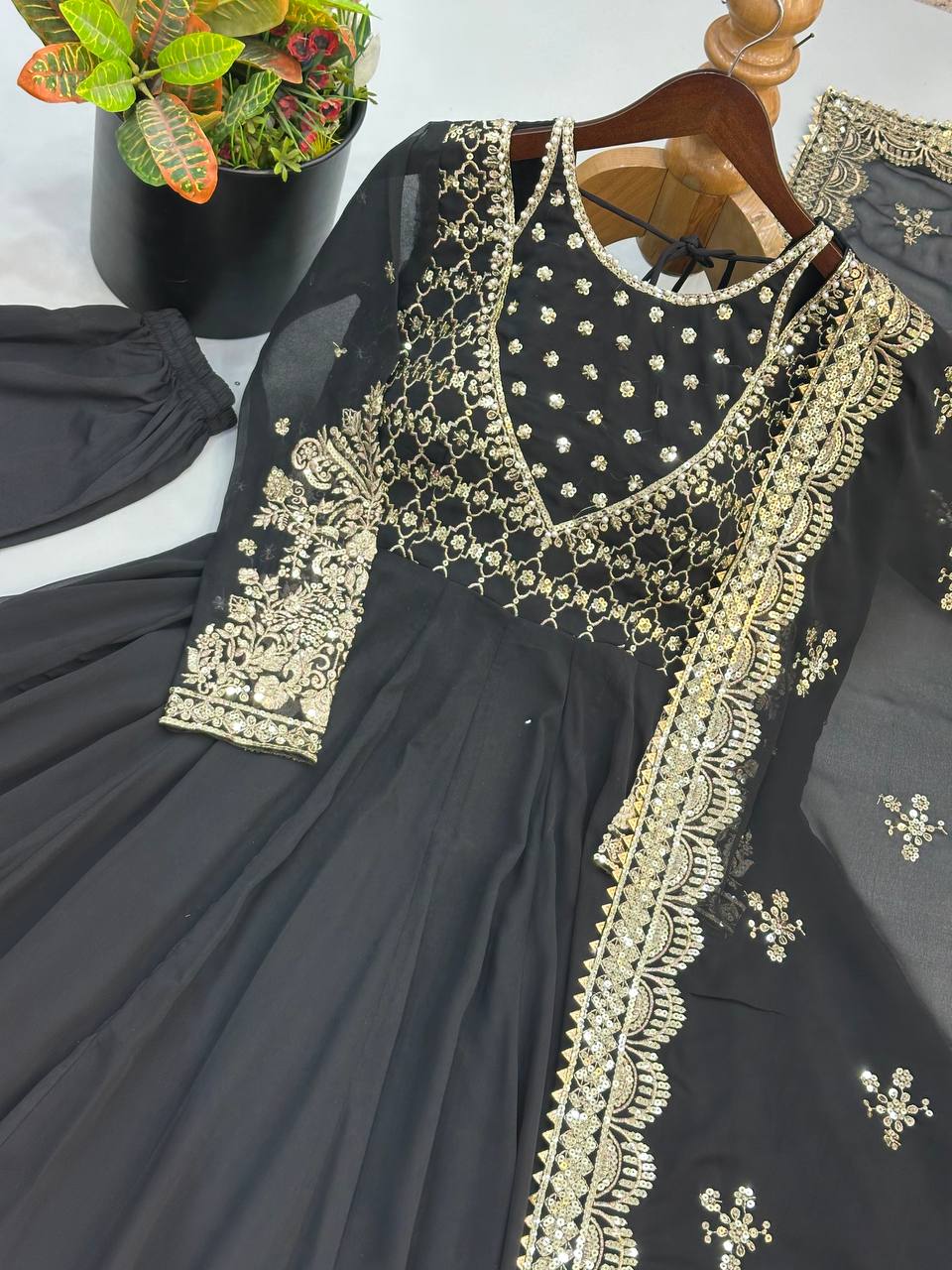 Afsana Étoile Designer Heavy Georgette Sequins Embroidered Anarkali Gown Set with 4 Meter Flair and Embroidered Dupatta