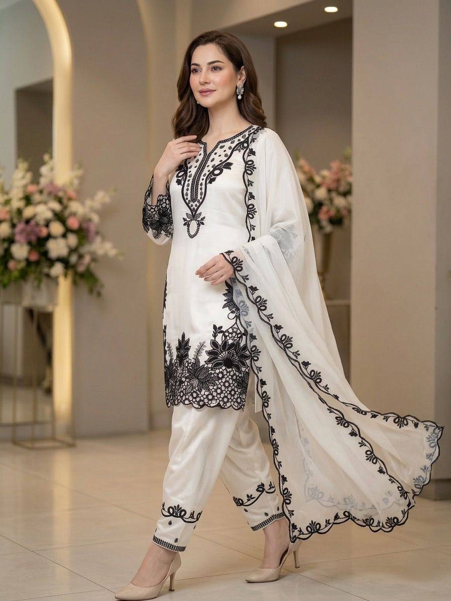 Traditional Farshi Salwar Suit Set with Embroidered Organza Dupatta