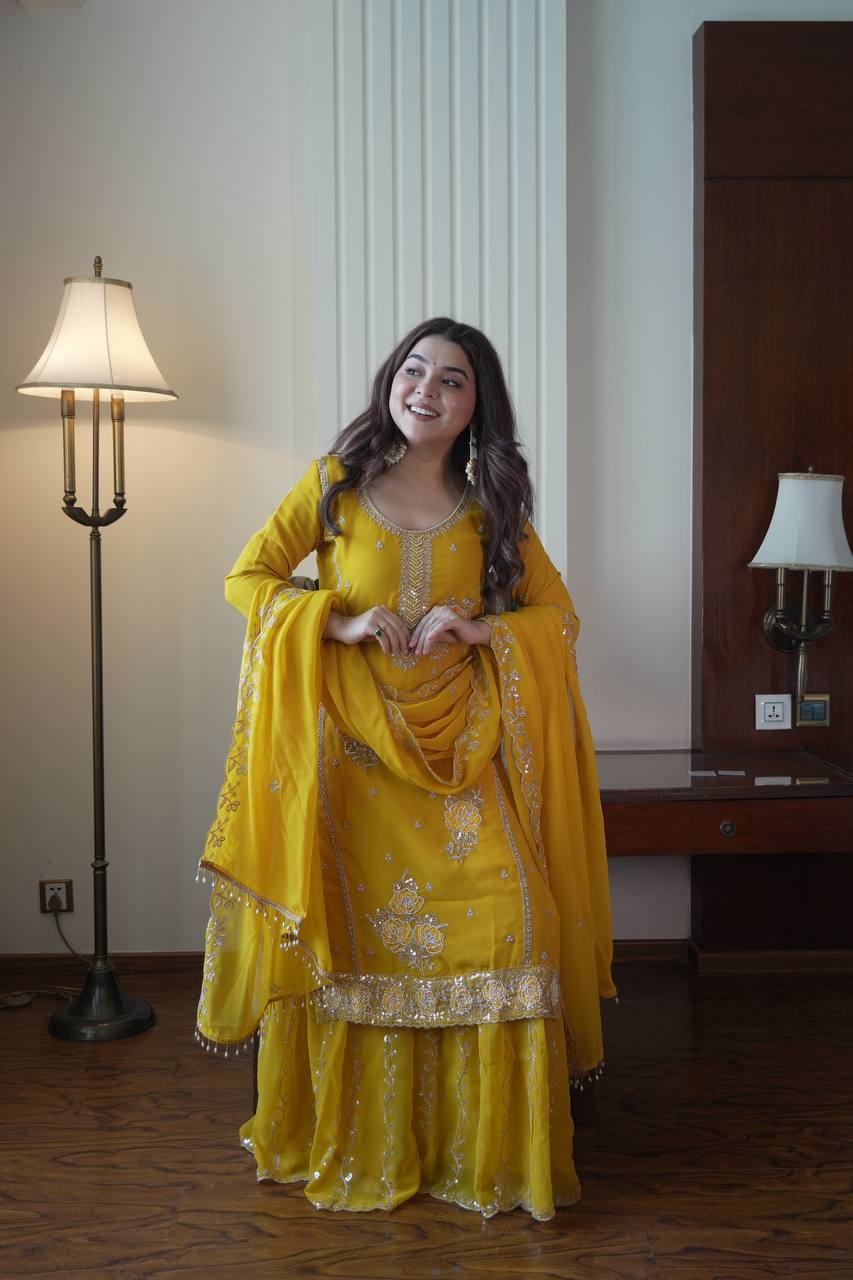 Faux Georgette Gharara Suit with Sequence Embroidery & Beads Work