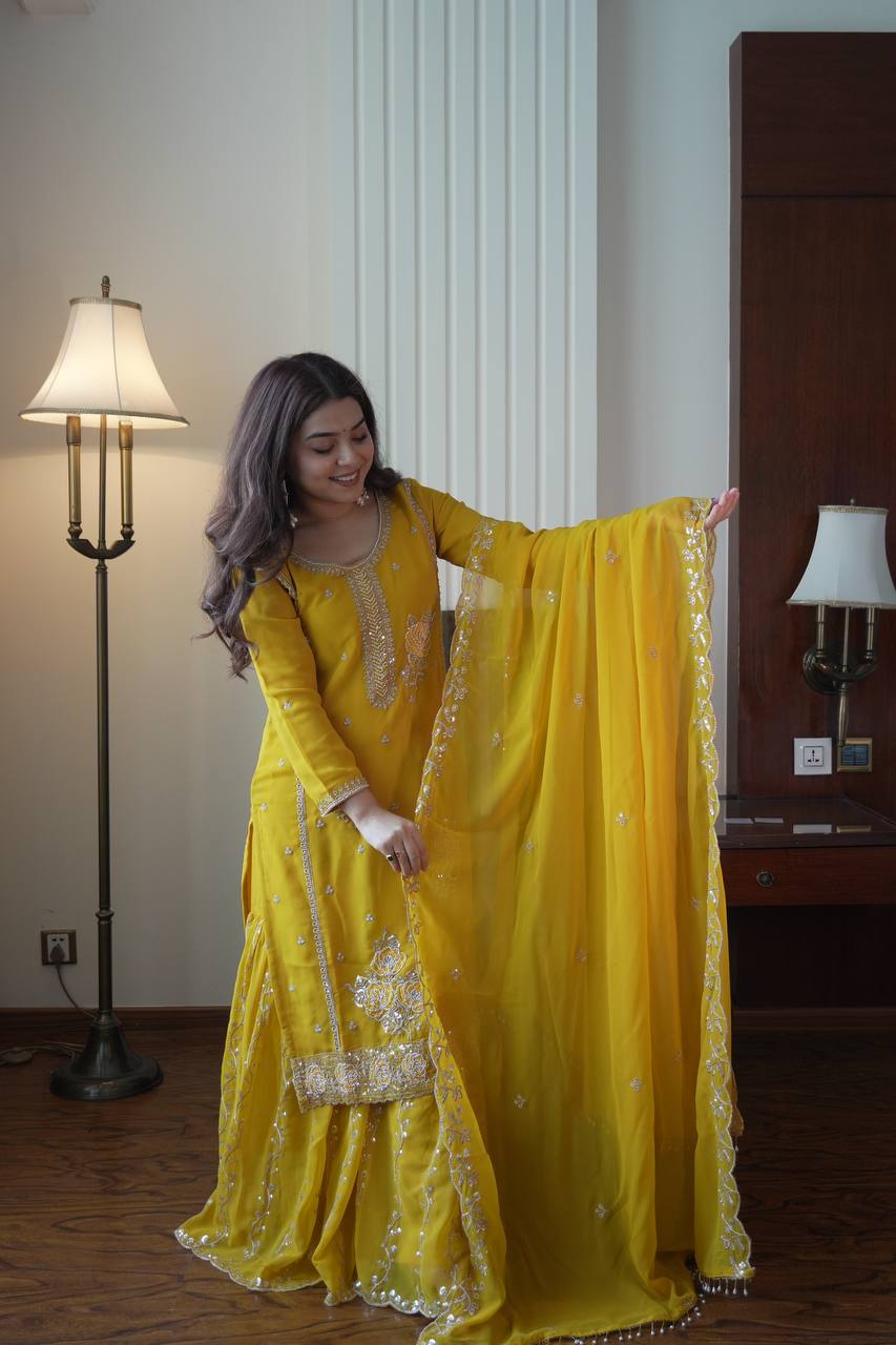 Faux Georgette Gharara Suit with Sequence Embroidery & Beads Work