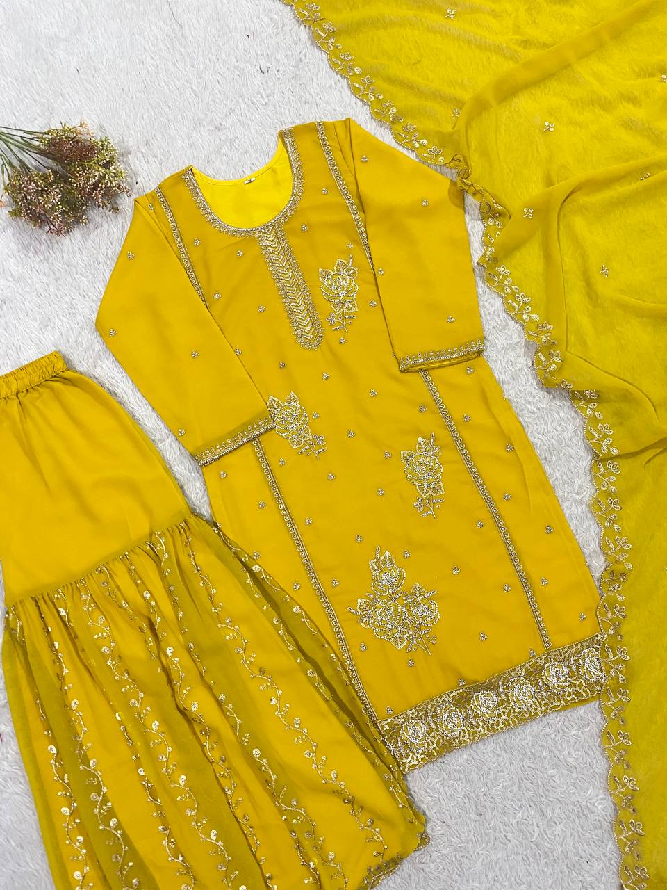 Faux Georgette Gharara Suit with Sequence Embroidery & Beads Work